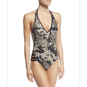 NWT Carmen Marc Valvo [ size 6 ] Metallic‎ Strappy Cutout One Piece Swimsuit